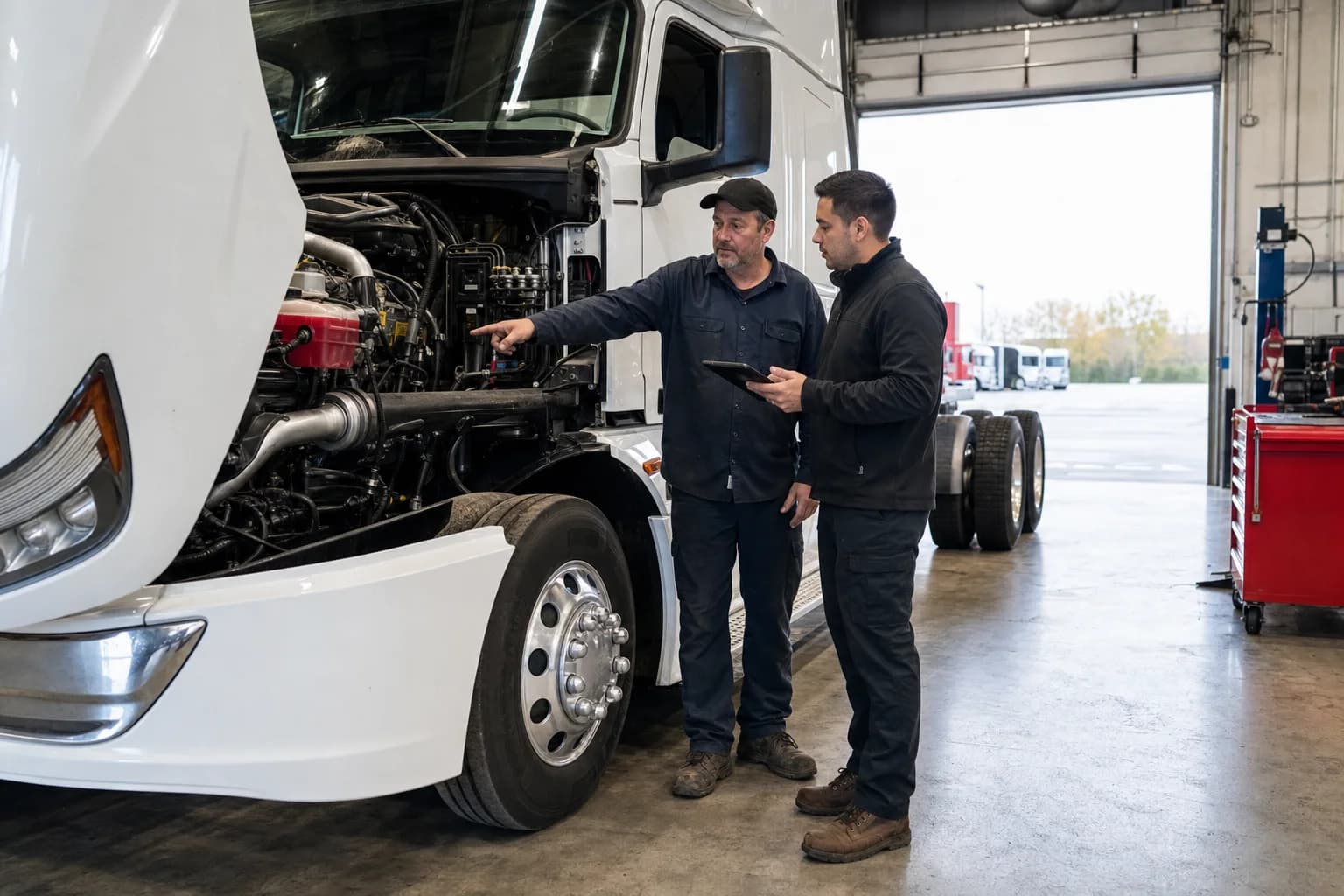Noble Trucking Division Williston technician and buyer inspecting a truck engine